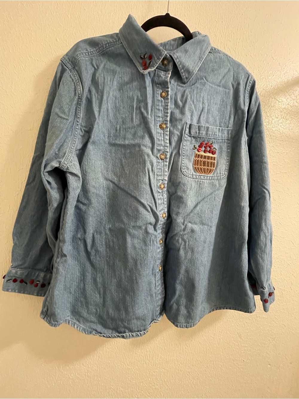 CJ Banks Light Blue Denim Button-Up Shirt with Cherry Embroidery 1X A4